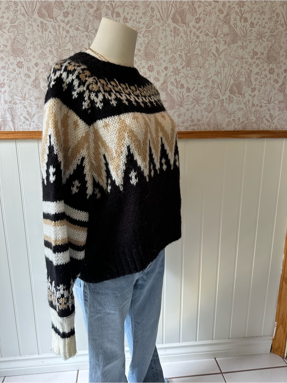 RD Style Black Cream Fair Isle Crewneck Sweater - Picture 6 of 8